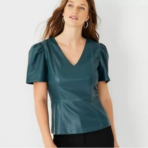 Ann Taylor, Teal Faux Leather Short Puff Sleeve Peplum V-Neck Top, Size Medium